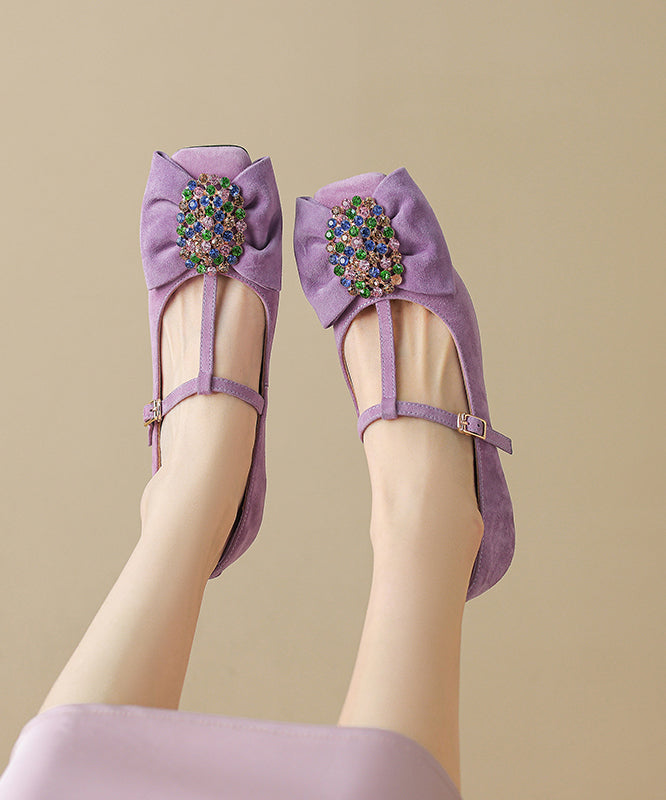 Suede Strap Zircon Buckle High Chunky Black Bow Heels Splicing
