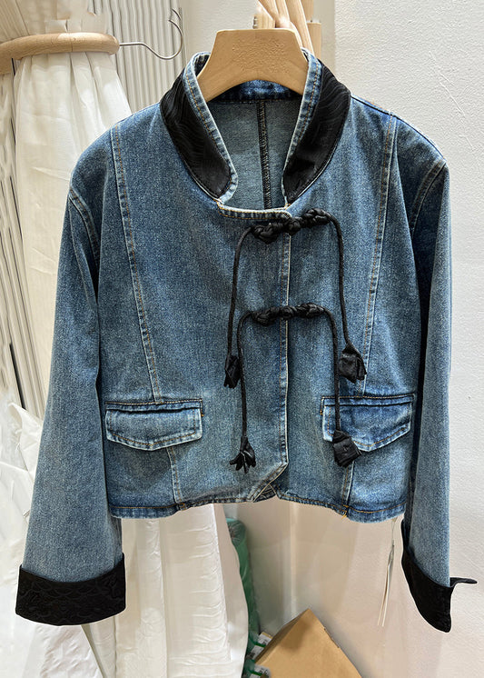 Black Button Patchwork Denim Coats Stand Collar Long Sleeve Ada Fashion