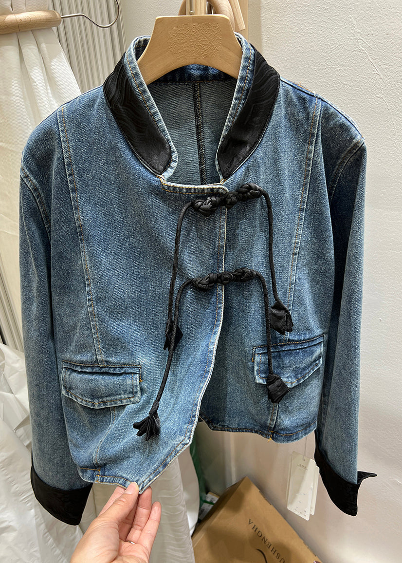 Black Button Patchwork Denim Coats Stand Collar Long Sleeve Ada Fashion