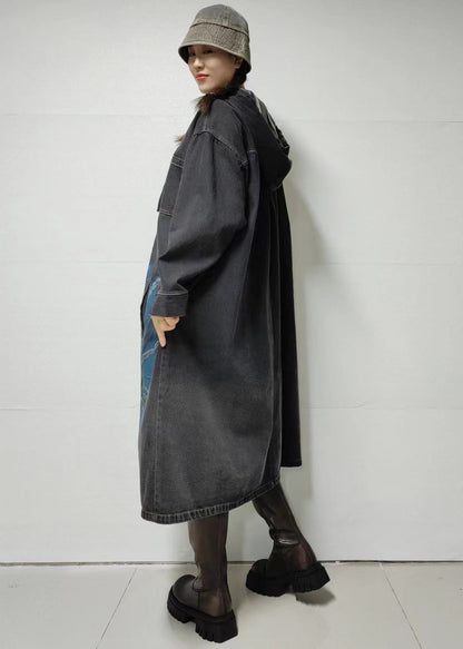 Black Button Pockets Denim Dress Hooded Fall MN033