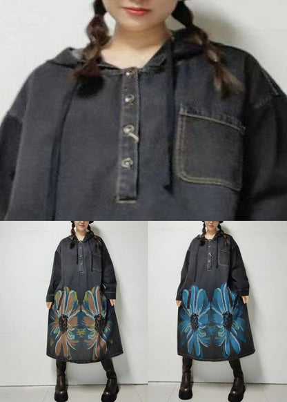 Black Button Pockets Denim Dress Hooded Fall MN033