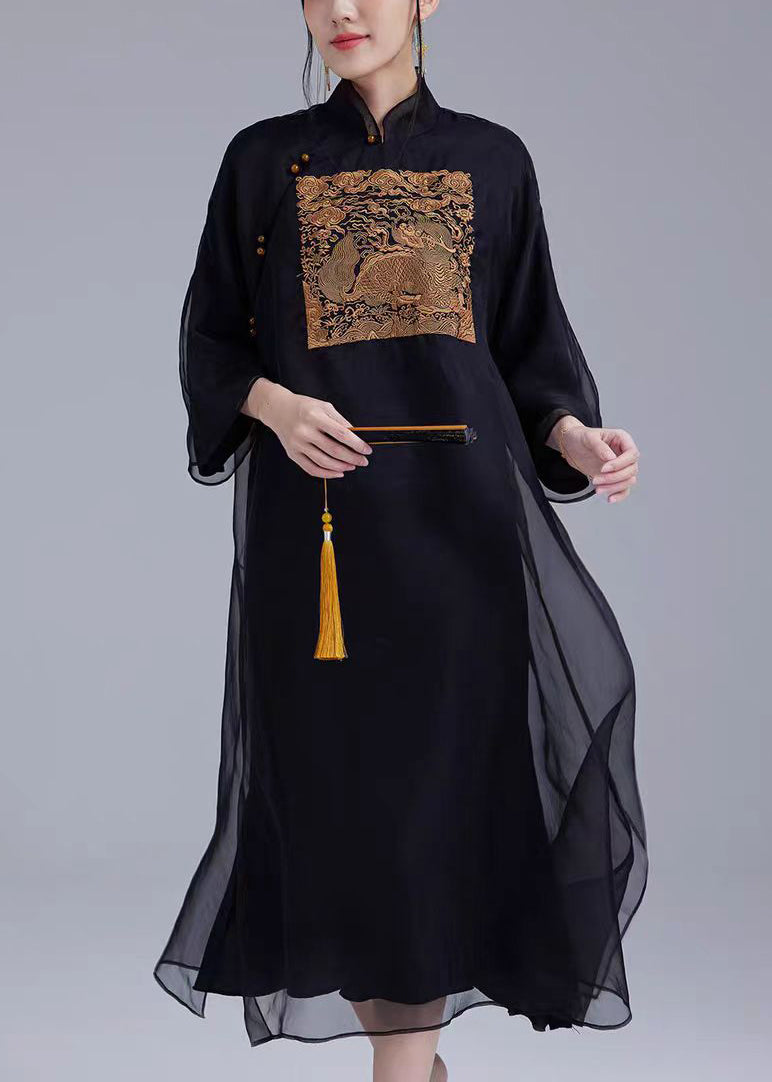 Black Button Pockets Silk Dress Stand Collar Long Sleeve QA1012 Ada Fashion