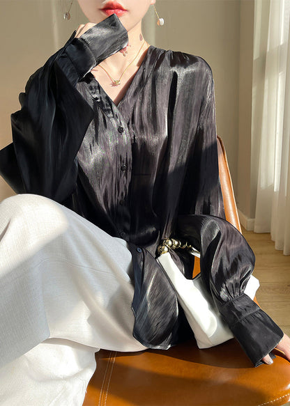 Black Button Silk Blouses V Neck Long Sleeve AB1018