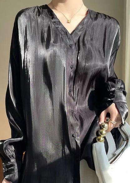 Black Button Silk Blouses V Neck Long Sleeve AB1018