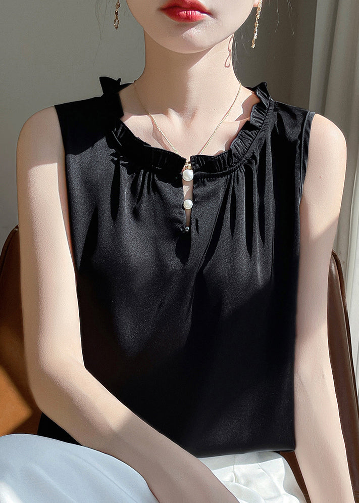 Black Blouse Silk Ruffled Button Sleeveless Solid