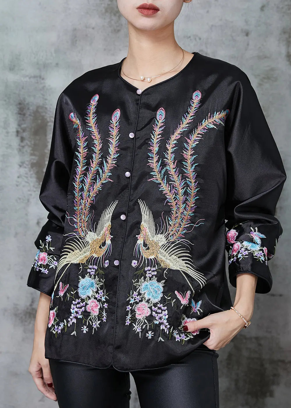 Black Chinese Style Silk Coat Embroidered Spring Ada Fashion