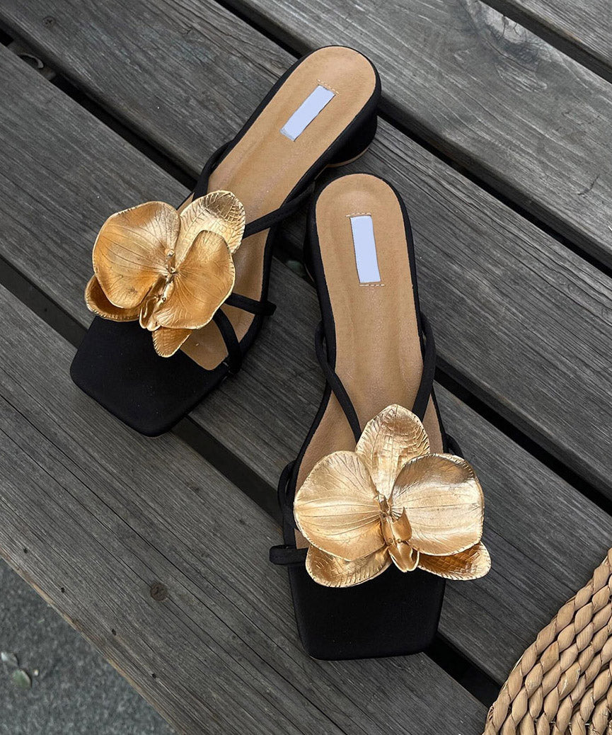 Leder Spleißen Schwarz Stilvolle Slide Sandalen Faux Floral Chunky