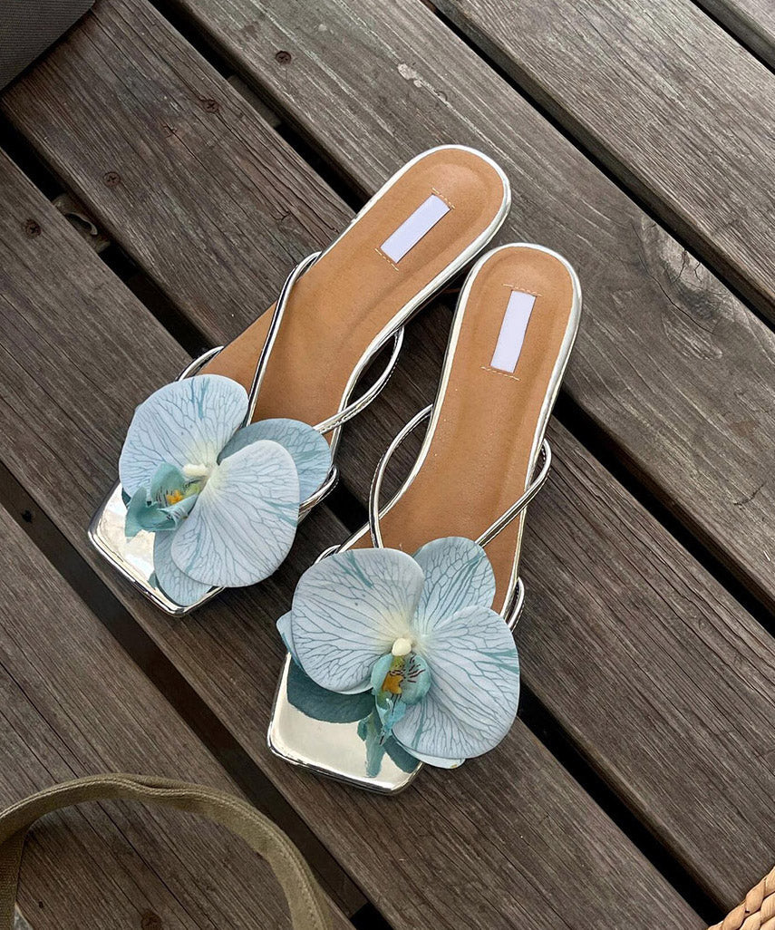 Leder Spleißen Schwarz Stilvolle Slide Sandalen Faux Floral Chunky