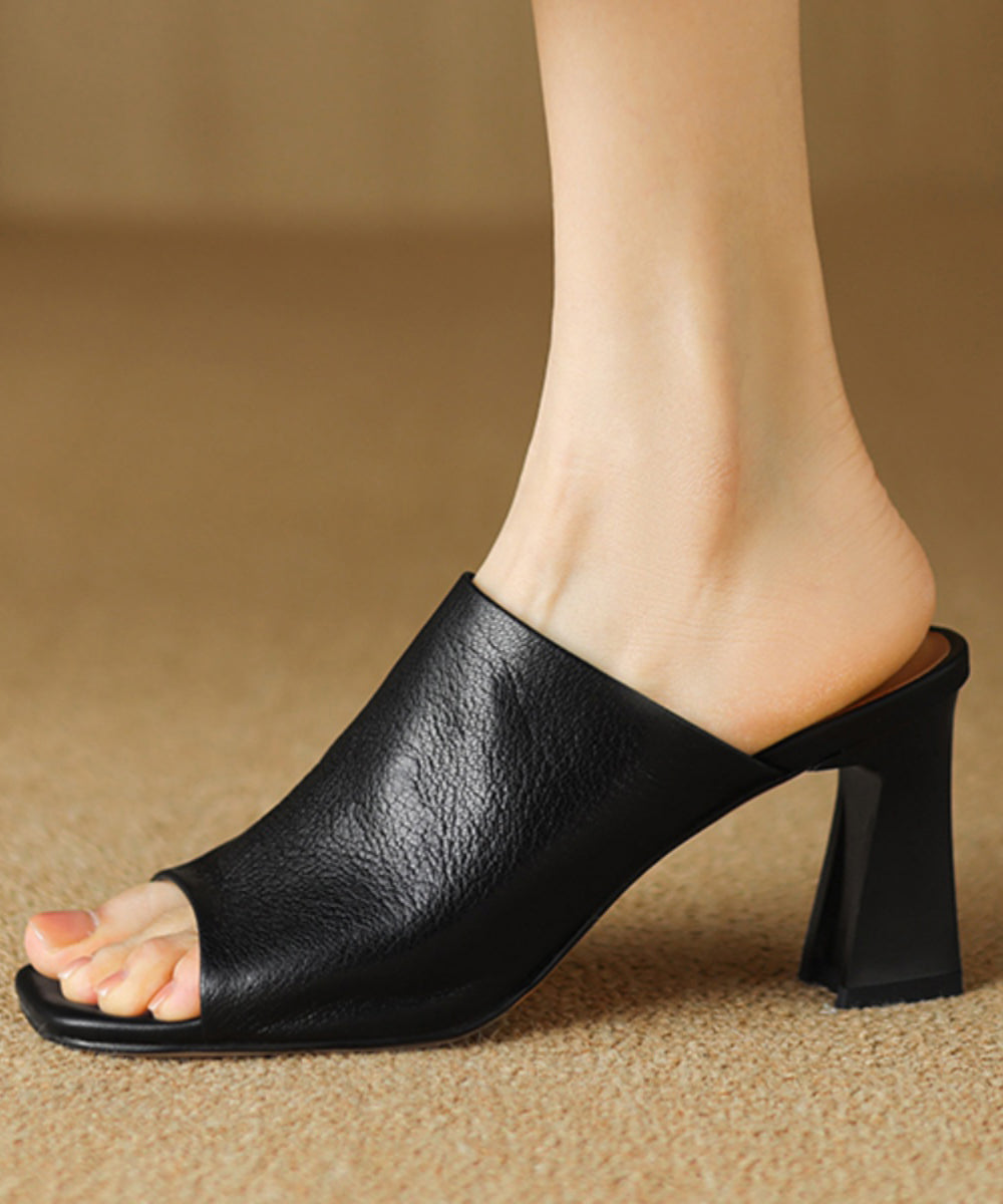 Heel Slide Neue klobige Sandalen Zehenpartie Schwarz Peep Schaffell Stil