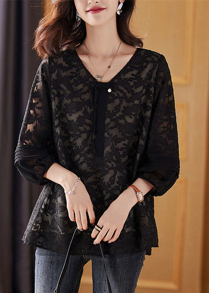 Black Cinched Tassel Chiffon Shirt Fall WW044