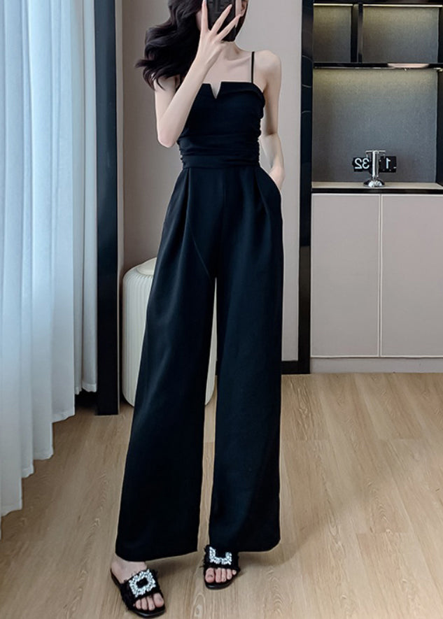 Shoulder Jumpsuits Pockets Cold Black Silk Solid Sleeveless