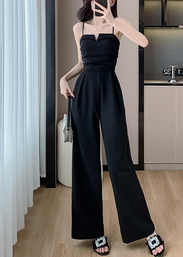 Shoulder Jumpsuits Pockets Cold Black Silk Solid Sleeveless