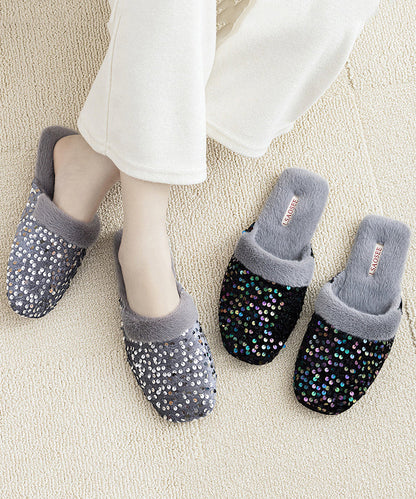 Black Cotton Fabric Slippers Shoes Sequins Fuzzy Wool Lined RX016