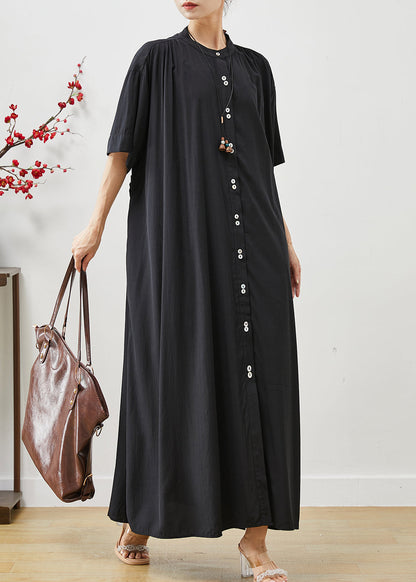 Black Cotton Robe Dresses Stand Collar Oversized Summer AP1072