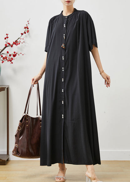 Black Cotton Robe Dresses Stand Collar Oversized Summer AP1072