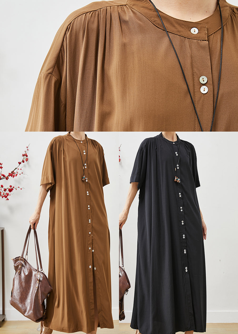 Black Cotton Robe Dresses Stand Collar Oversized Summer AP1072