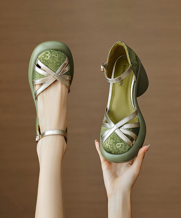 Leather Buckle Sandals Black Chunky Cowhide Strap Splicing Heel