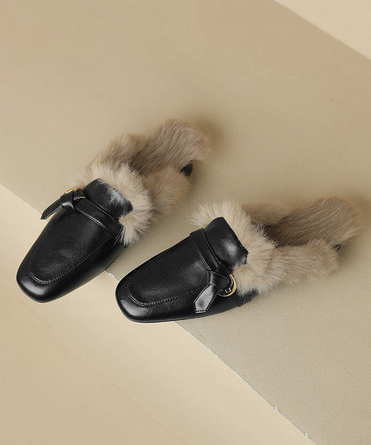 Black Cowhide Leather Comfy Fuzzy Wool Lined Slide Sandals RS014