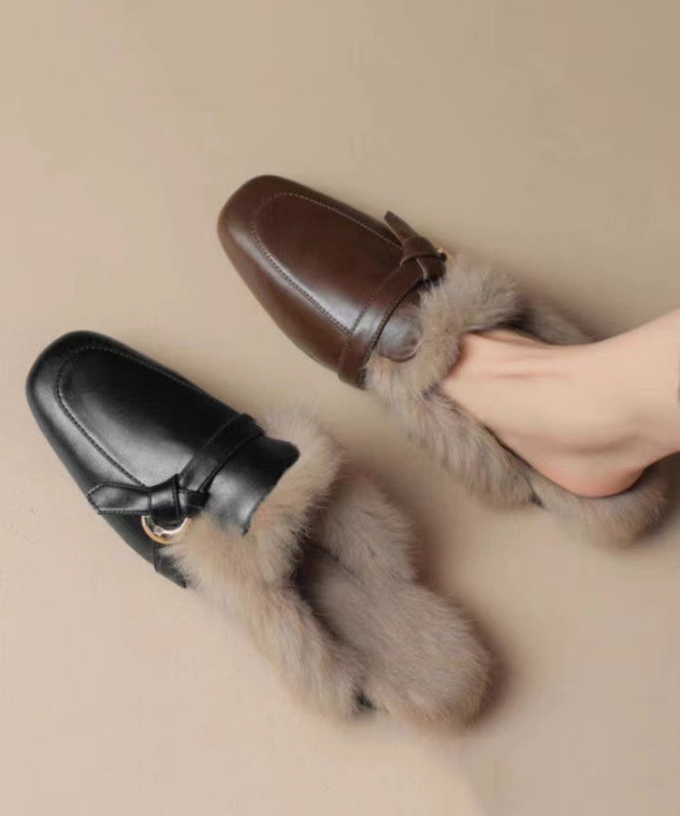 Black Cowhide Leather Comfy Fuzzy Wool Lined Slide Sandals RS014