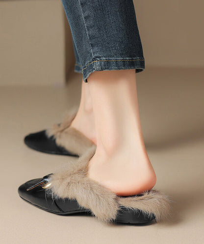 Black Cowhide Leather Comfy Fuzzy Wool Lined Slide Sandals RS014