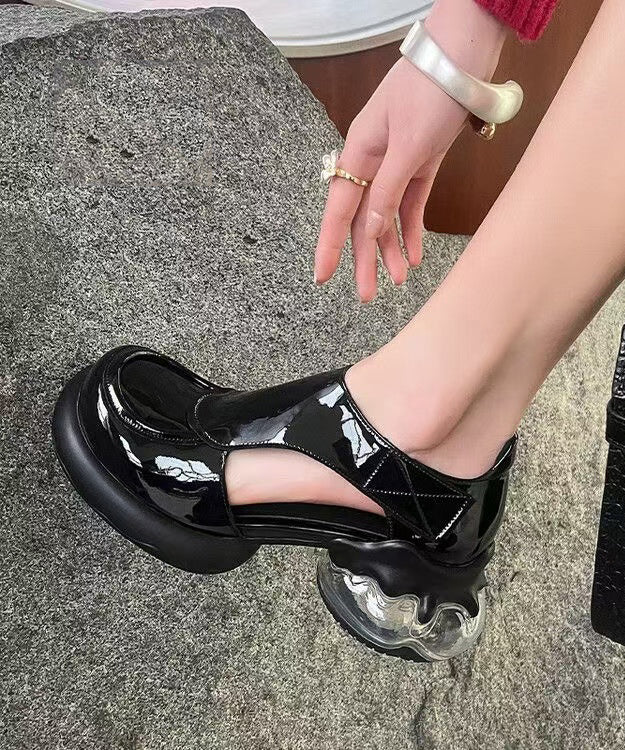 Hollow Chic Splicing Cowhide Black Out Platform Leather Loafers