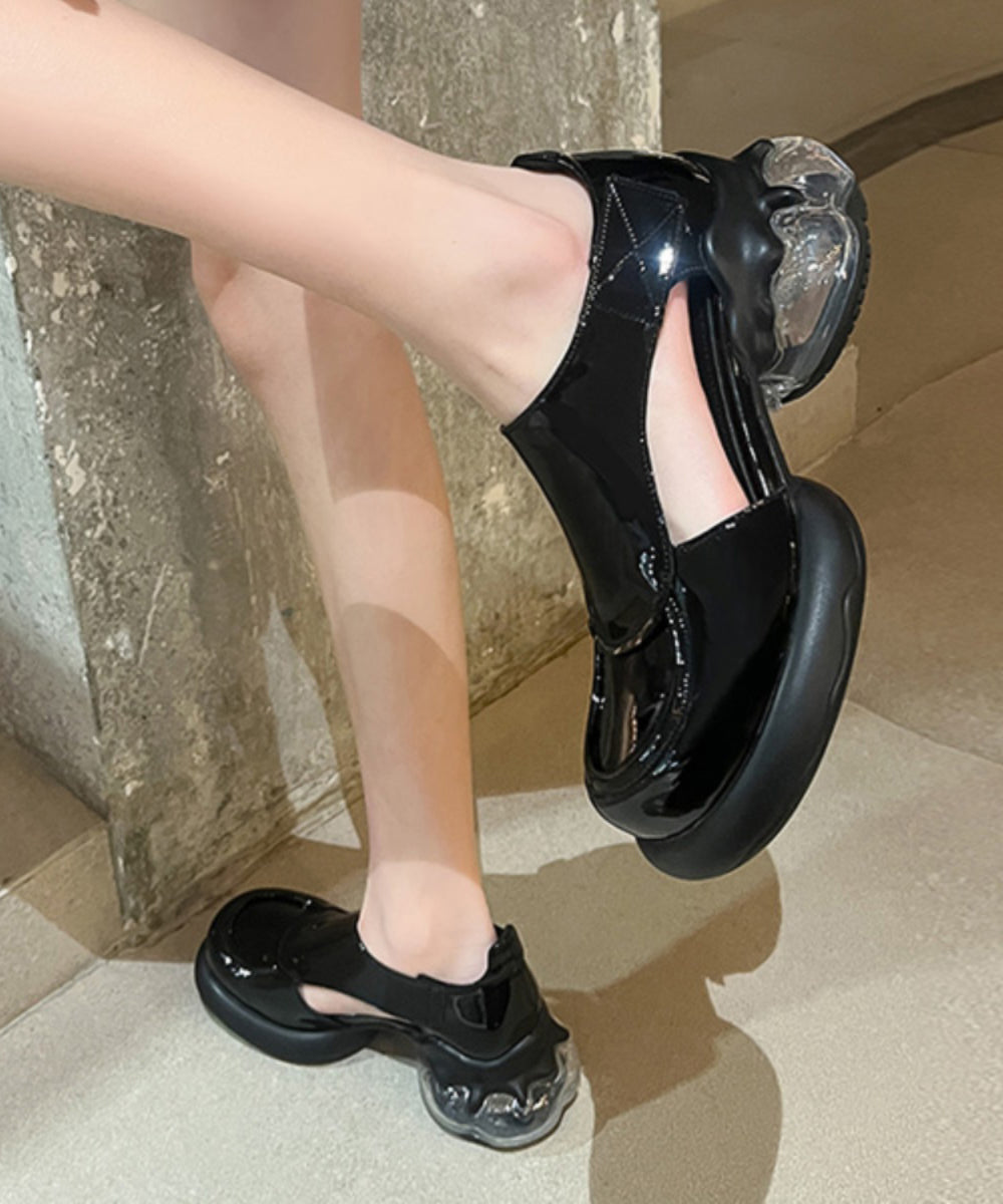 Mocassins chics à plateforme et épissure en cuir de vache noir creux