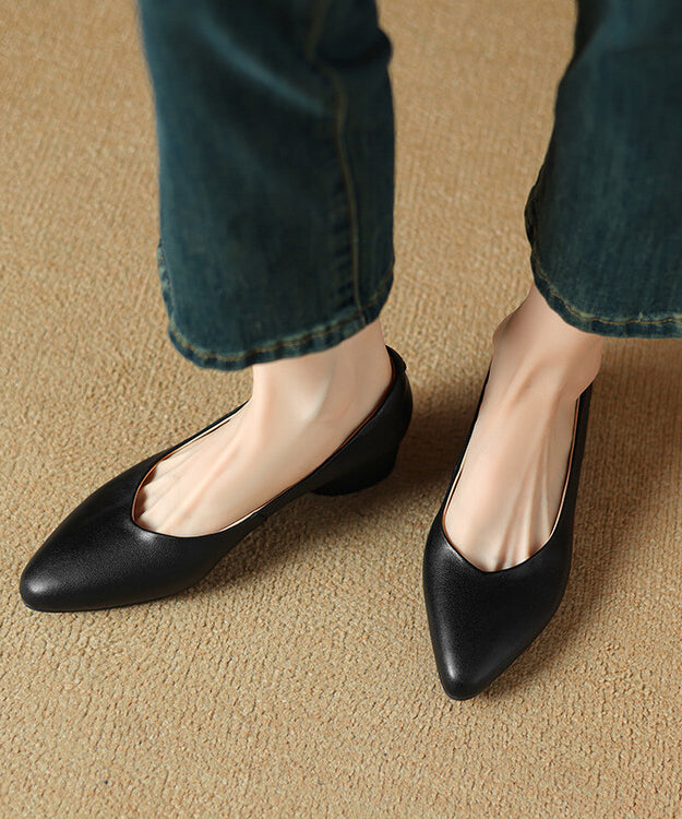Black Pointed Toe Chunky Shoes Splicing Cowhide Leather