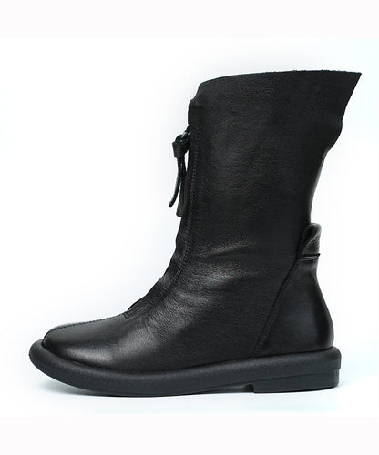 Black Cowhide Leather Stylish Handmade Zippered Splicing Boots RD028