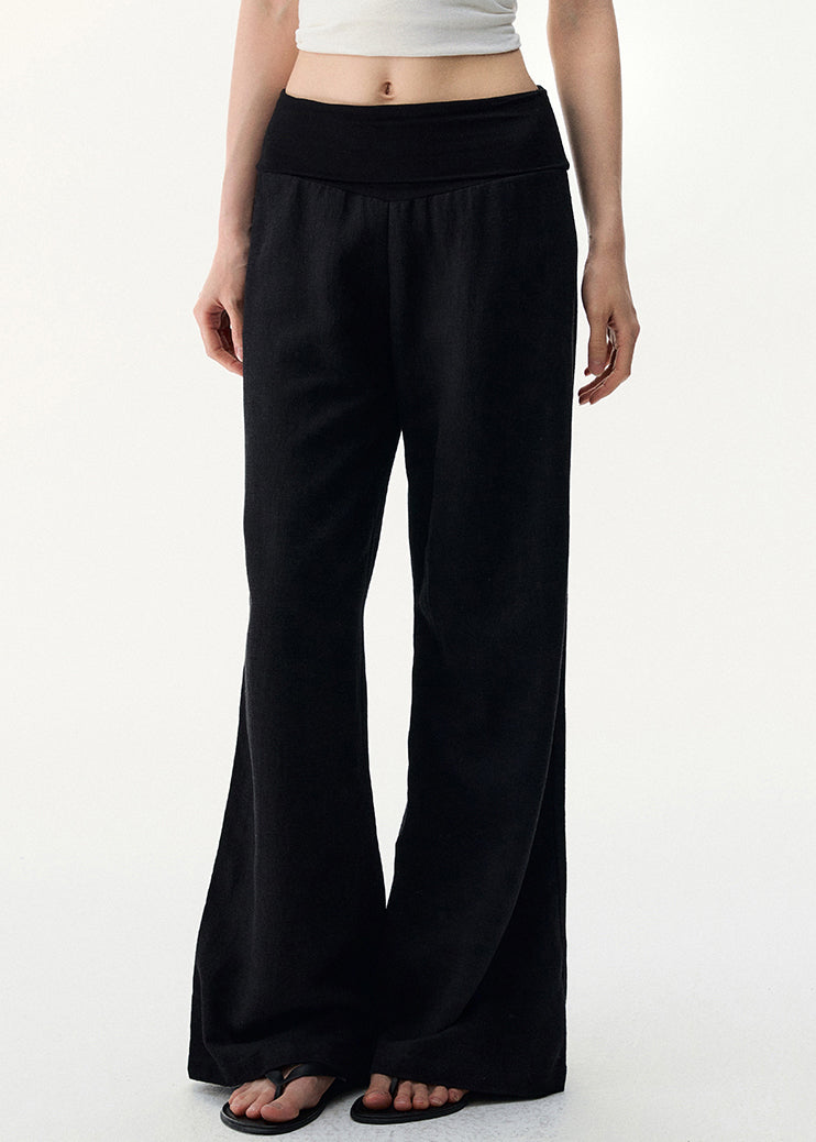 Black Pants Elastic Cozy Waist Leg Wide Linen