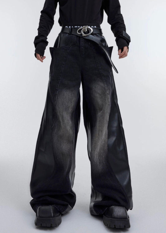 Pantalon patchwork en similicuir noir taille haute RK029