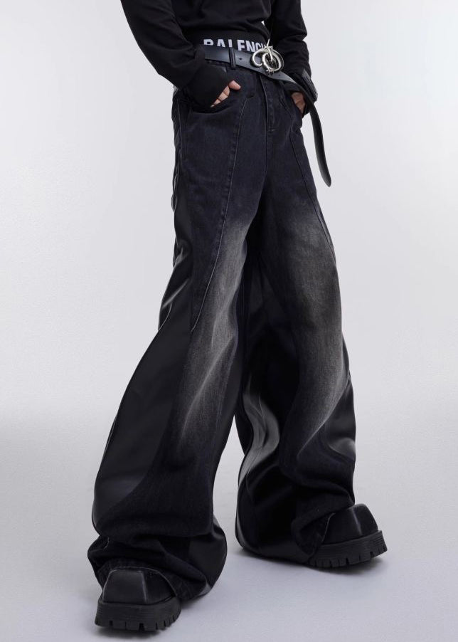 Pantalon patchwork en similicuir noir taille haute RK029
