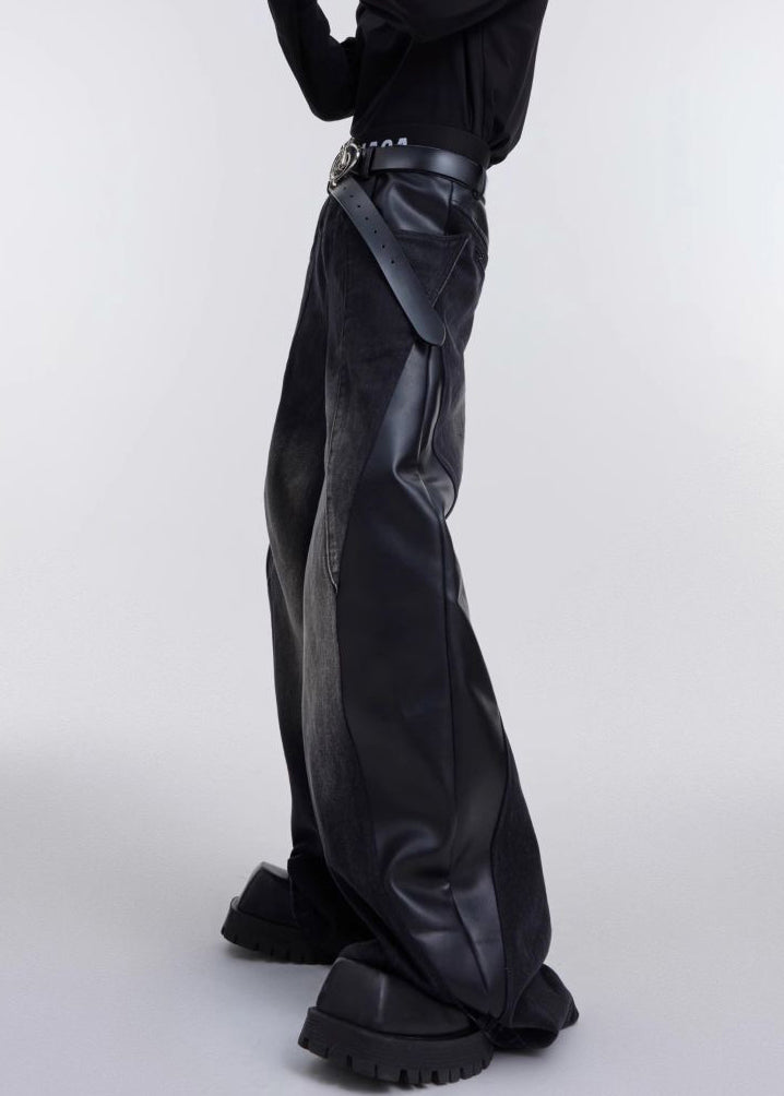 Pantalon patchwork en similicuir noir taille haute RK029