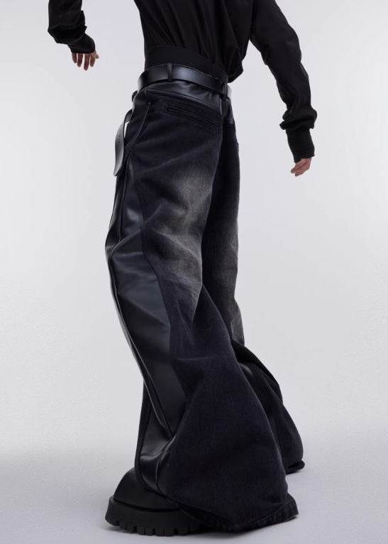 Pantalon patchwork en similicuir noir taille haute RK029