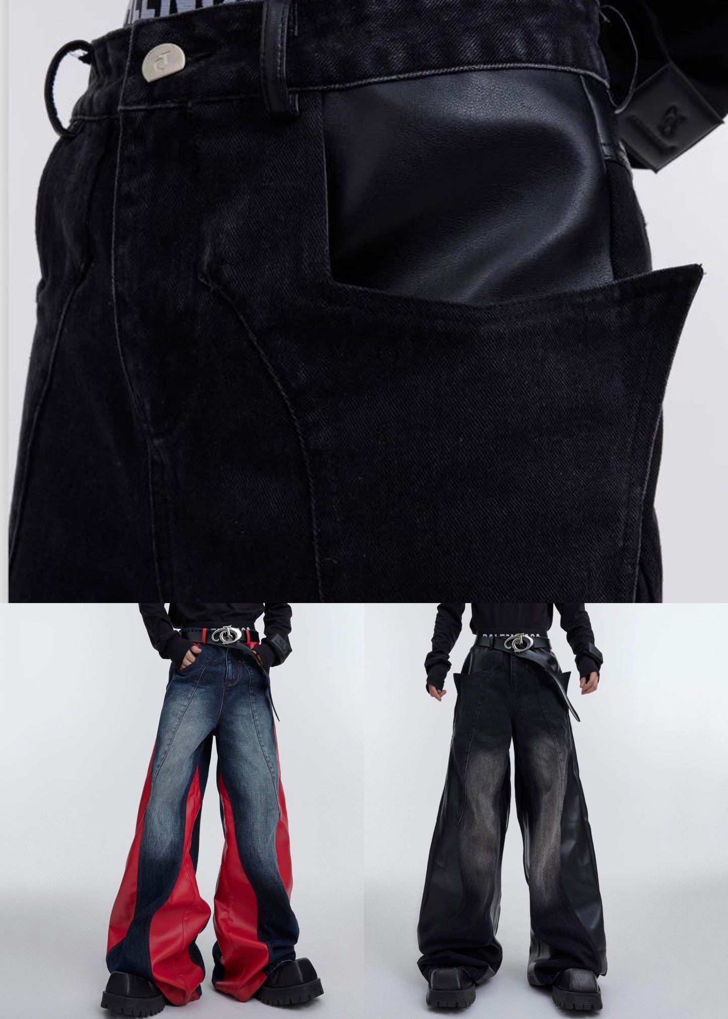 Pantalon patchwork en similicuir noir taille haute RK029