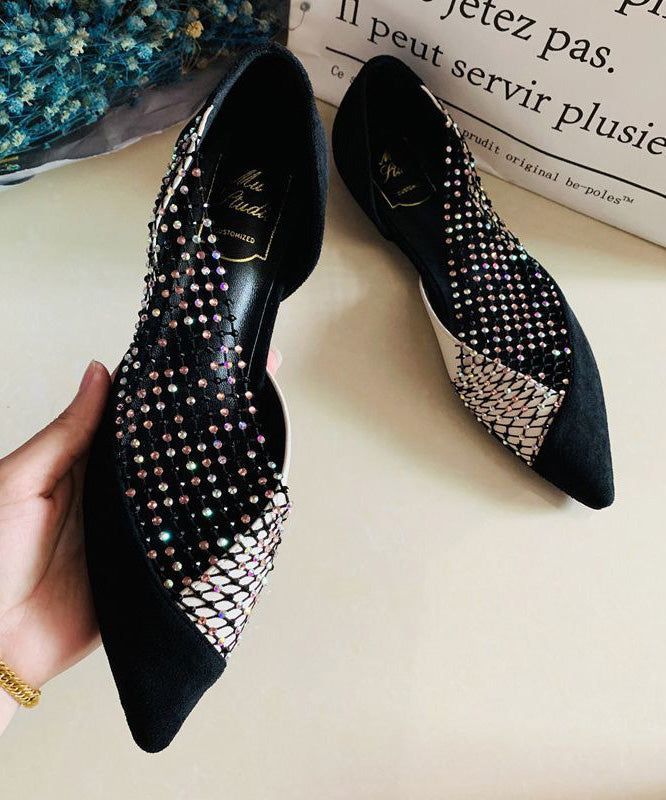 Chaussures à bout pointu en daim noir avec pieds en zircon