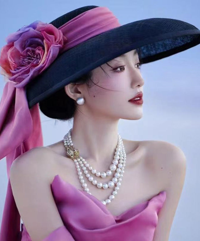 Hat Large Floral Brim Black Bow With French A