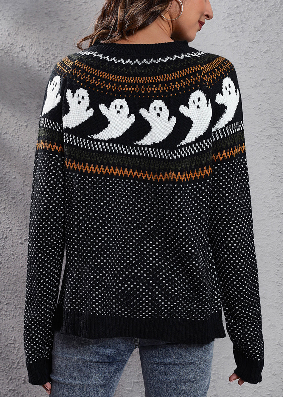 Pull en tricot patchwork confortable à col rond Black Ghost Automne AE1023