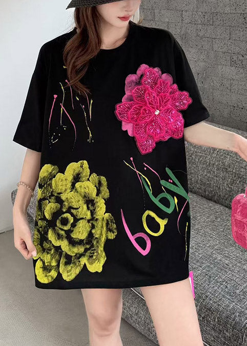 Floral Black Print Tanks Cotton Decorated Summer Graffiti