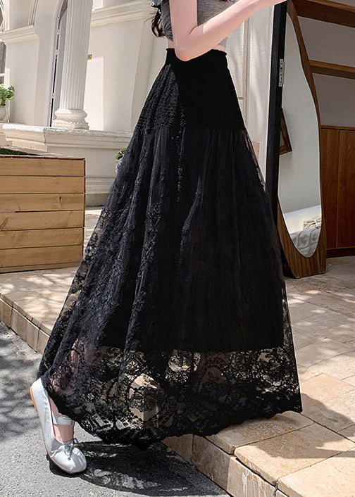 Hollow Skirts Waist Out Black Tulle Summer Elastic Lace