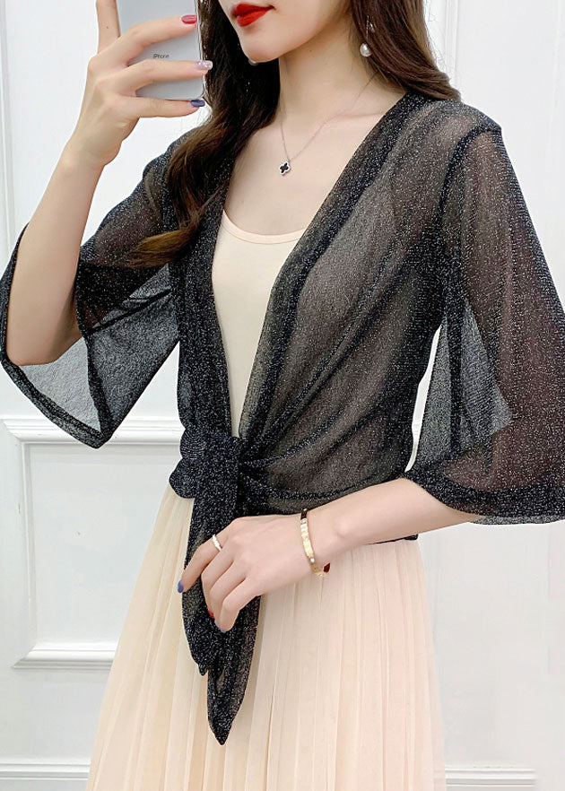 Black Lace Up Thin Tulle Cardigans V Neck Flare Sleeve Ada Fashion