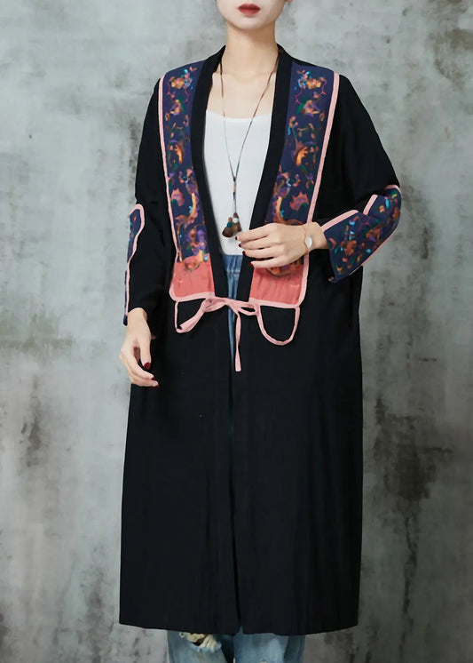 Black Linen Cardigans Embroidered Lace Up Spring Ada Fashion