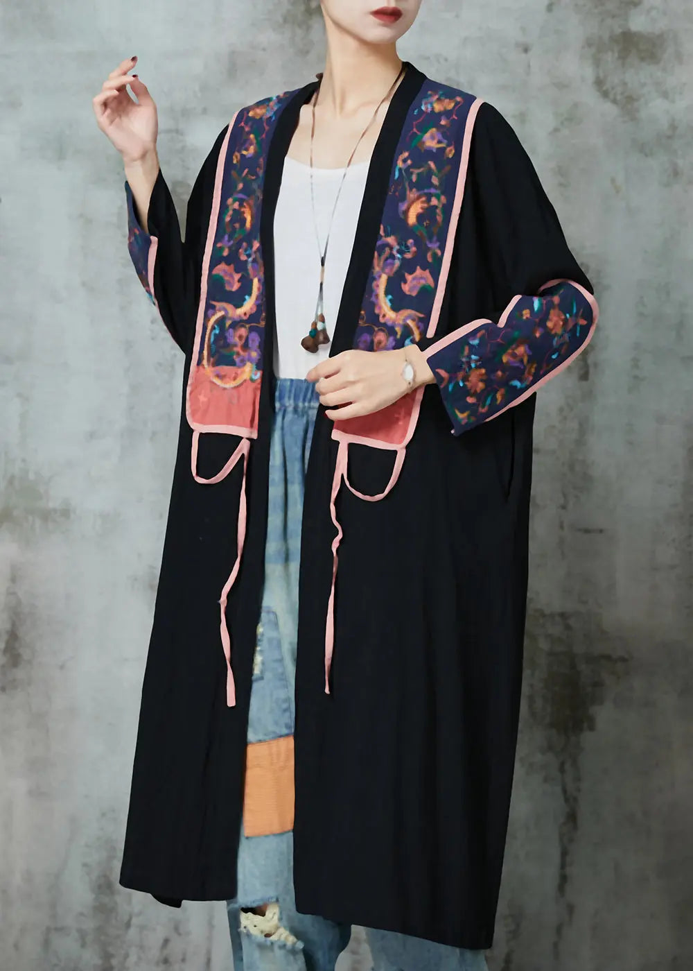 Black Linen Cardigans Embroidered Lace Up Spring Ada Fashion