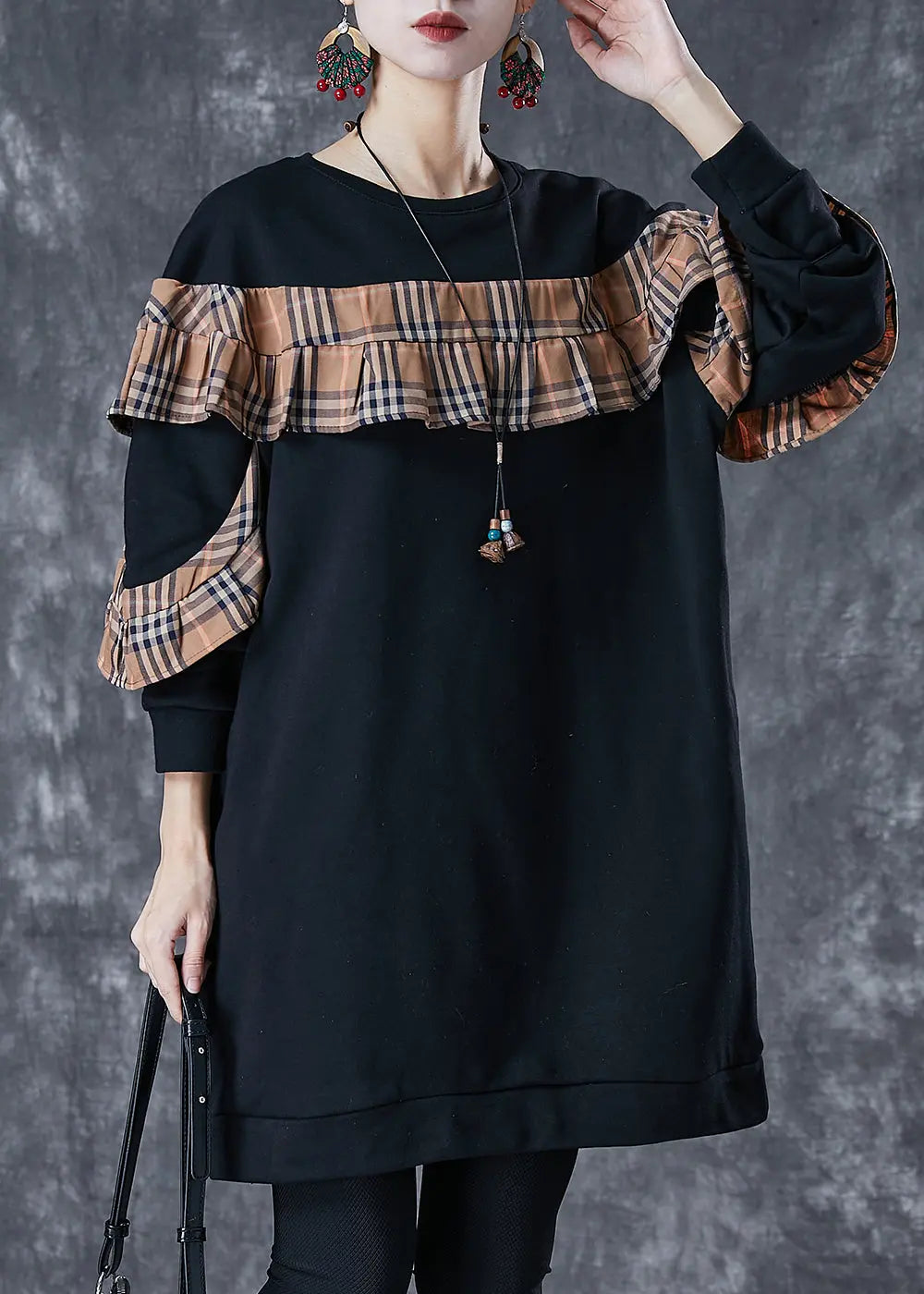 Black Loose Patchwork Cotton Sweatshirt Dress Ruffled Fall Ada Fashion