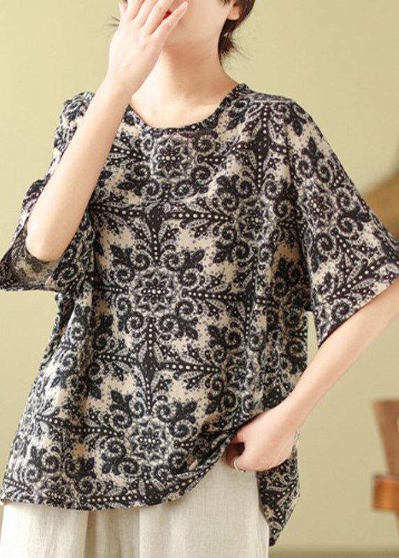 Patchwork Top Schwarz Kurze O-Ausschnitt Ärmel