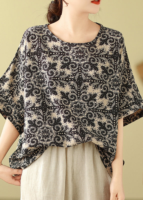 Patchwork Top Schwarz Kurze O-Ausschnitt Ärmel