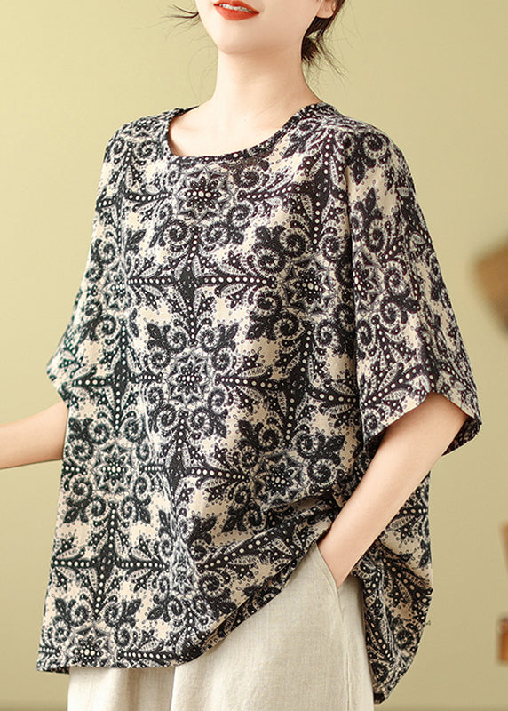 Patchwork Top Schwarz Kurze O-Ausschnitt Ärmel