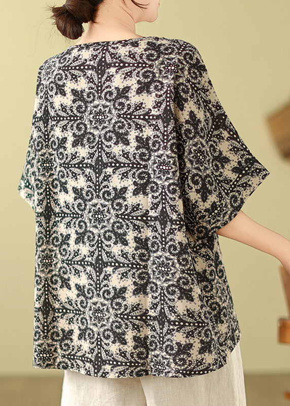 Patchwork Top Schwarz Kurze O-Ausschnitt Ärmel