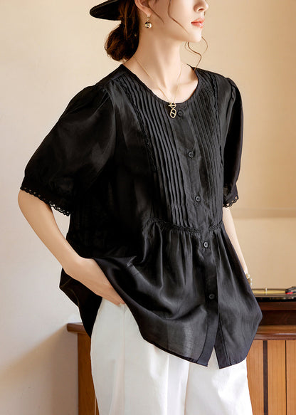 Black O-Neck Ruffled Wrinkled Silk Tops Short Sleeve WW049