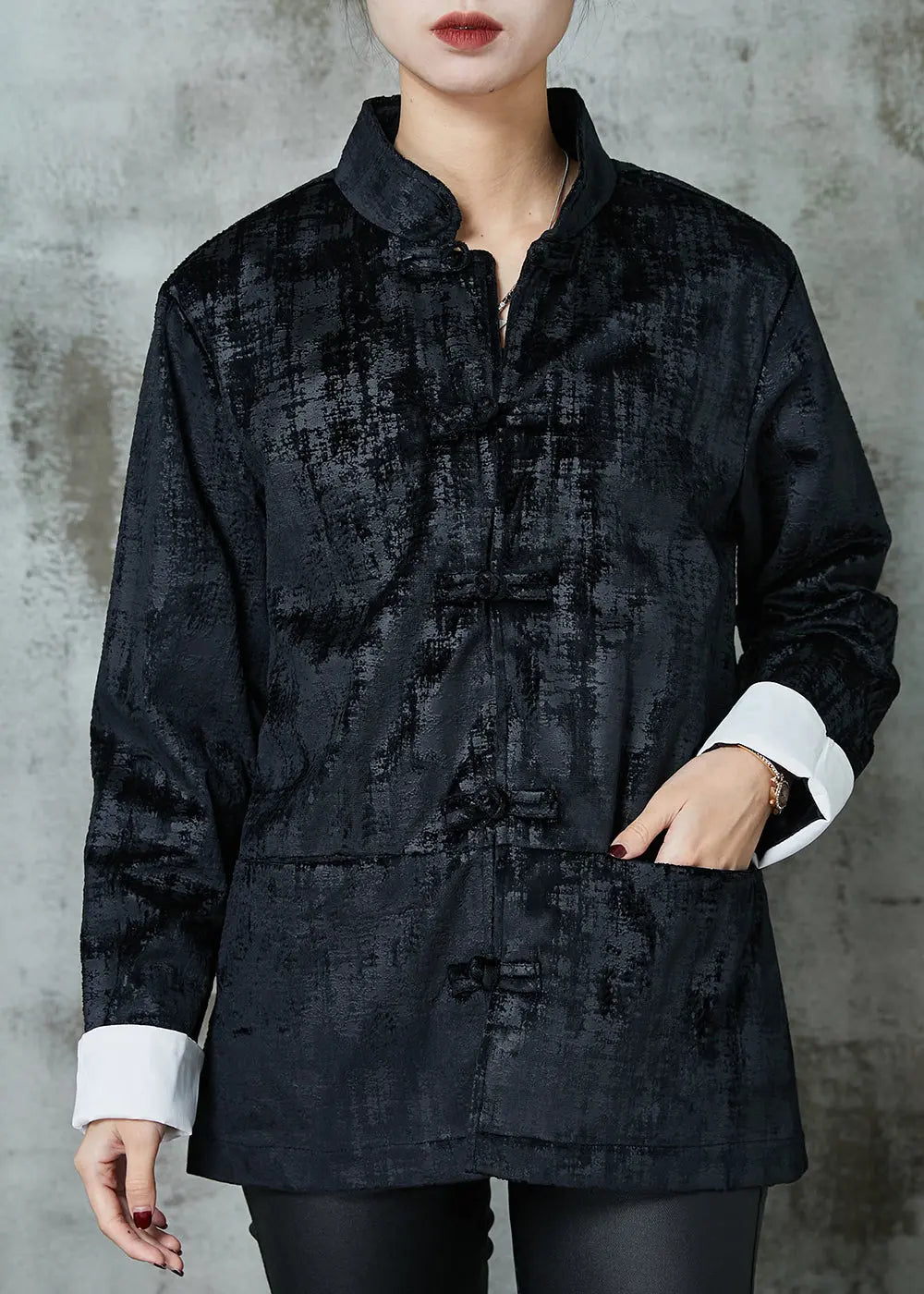 Black Oriental Cotton Jackets Mandarin Collar Pockets Spring JK1004 Ada Fashion