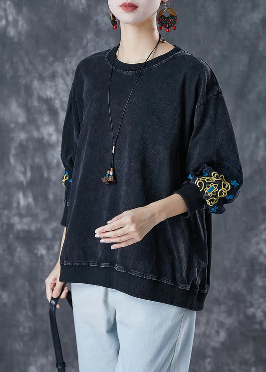 Black Oversized Cotton Pullover Sweatshirt Embroidered Fall Ada Fashion